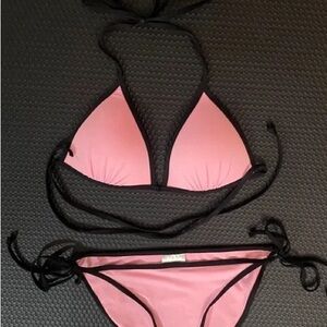 Pink and Black Halter Bikini Set